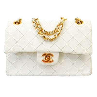 Lot 541 - A Chanel white lambskin quilted medium double flap bag, 23cm, circa 1980s.