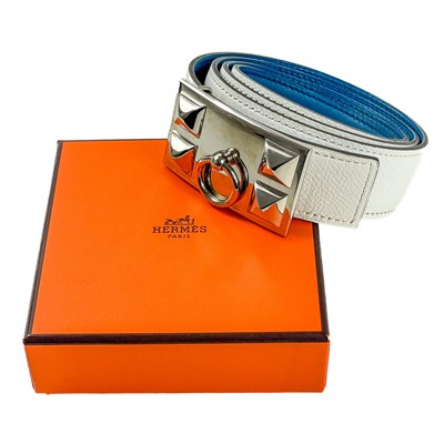 Lot 30 - A Hermes H buckle reversible white and blue leather belt.