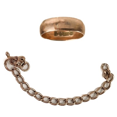 Lot 244 - A 9ct hallmarked gold band ring and a broken 9ct rose gold chain.