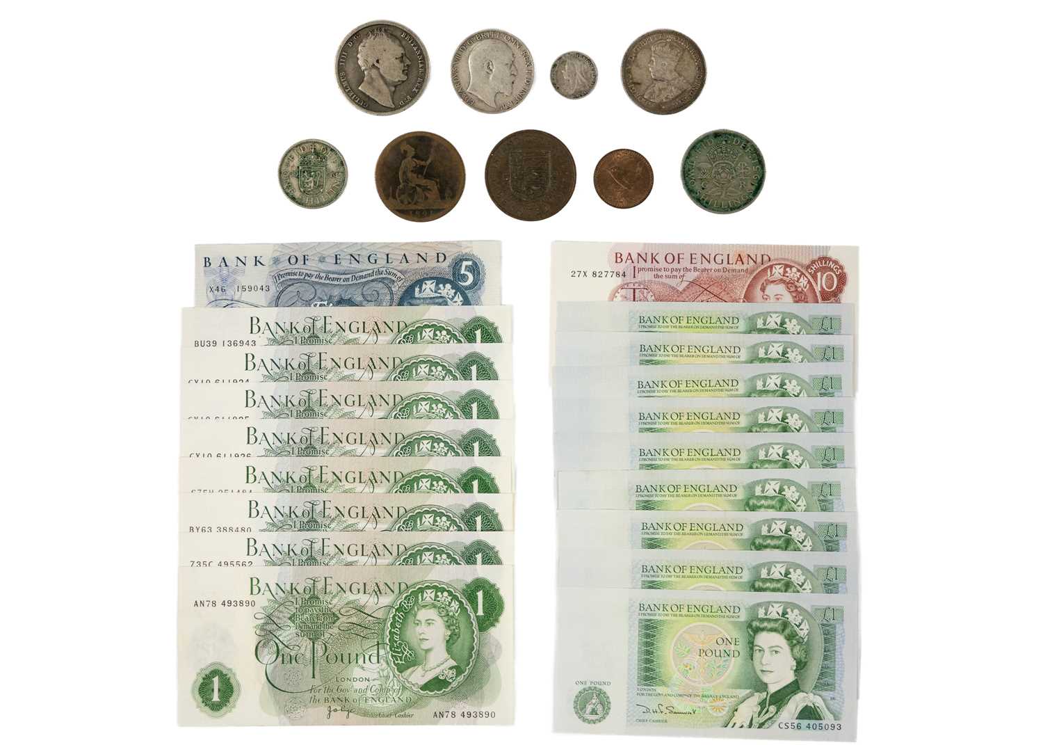Lot 42 - GB bank notes and coins plus Australia silver 2/- coin