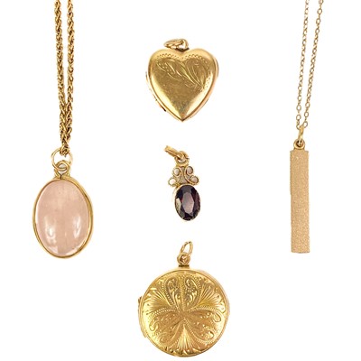 Lot 340 - A selection of five 9ct gold pendants.