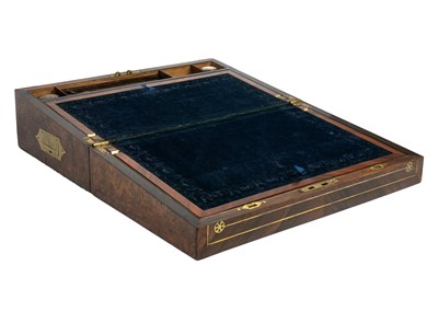 Lot 179 - A Victorian brass bound burr and kingwood crossbanded writing slope.