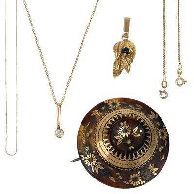 Lot 181 - A selection of four gold chains, two pendants and a pique brooch.