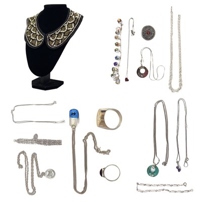 Lot 393 - A collection of silver jewellery and beaded collar.