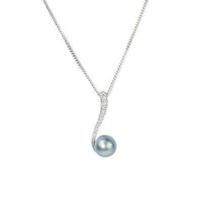 Lot 350 - A contemporary 18ct white gold, black cultured pearl and diamond set pendant necklace.