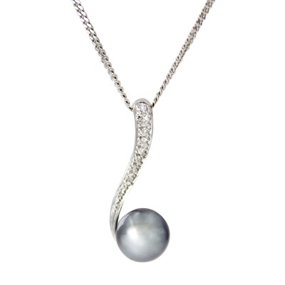 Lot 205 - A contemporary 18ct white gold, black cultured pearl and diamond set pendant necklace.