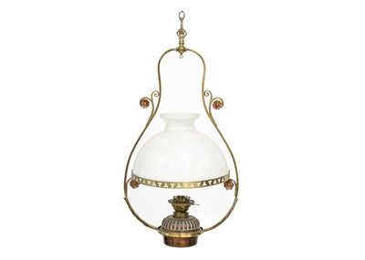 Lot 309 - A copper and brass hanging oil lamp