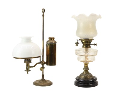 Lot 278 - A Victorian brass adjustable oil table lamp with opaque.