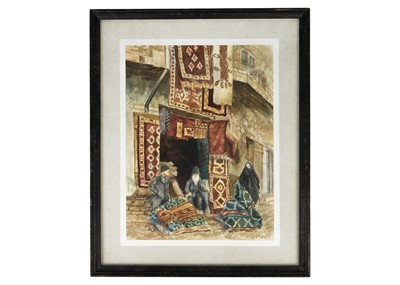 Lot 89 - A Middle Eastern watercolour of rug sellers, indistinctly signed, early 20th century.