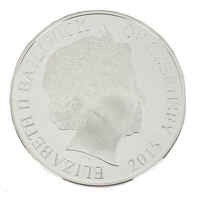 Lot 114 - Cased 10 ounce (311 gms) 2015 Guernsey £50 proof silver and 24 carat gold plated coin