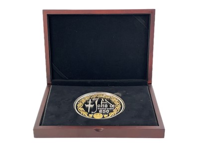Lot 114 - Cased 10 ounce (311 gms) 2015 Guernsey £50 proof silver and 24 carat gold plated coin