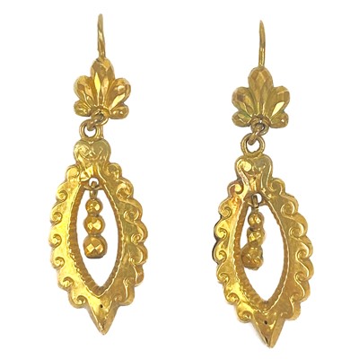 Lot 237 - A Victorian pair of hollow gold pendant earrings.