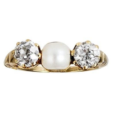 Lot 174 - A 1.20ct diamond and pearl set three-stone 18ct ring.