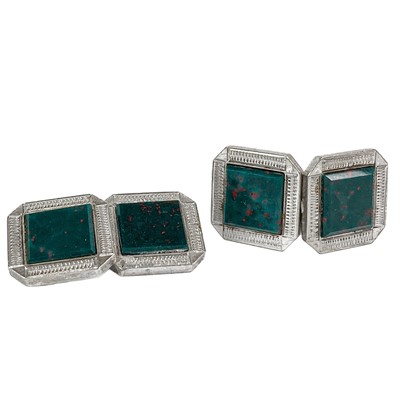 Lot 47 - A pair of 9ct white gold bloodstone set cufflinks.