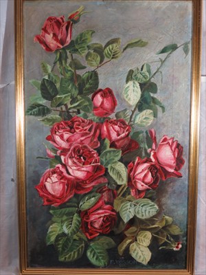 Lot 67 - F. WATSON (British,19th Century) Roses Oil on...