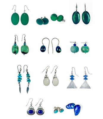 Lot 389 - A collection of contemporary blue and green earrings.