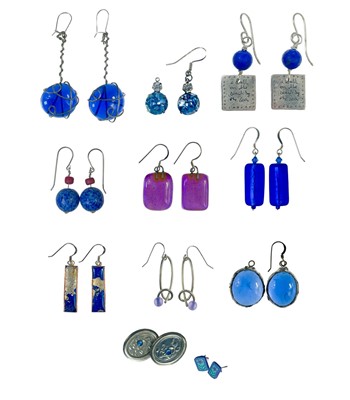 Lot 431 - A selection of Jenny Yates silver and blue stone earrings, with other colourful earrings.