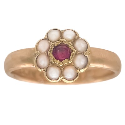 Lot 220 - A 9ct ring, applied with a Victorian gold seed pearl and pink sapphire cluster.