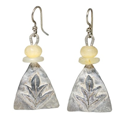 Lot 88 - A leaf design contemporary drop earrings by Guy Royle.