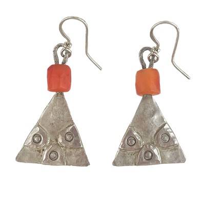 Lot 173 - A triangular design contemporary drop earrings by Guy Royle.