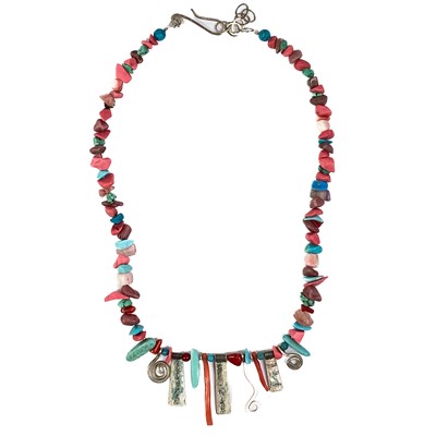 Lot 413 - A Nancy Pickard stone pendant necklace and stone and gem fringe necklace.