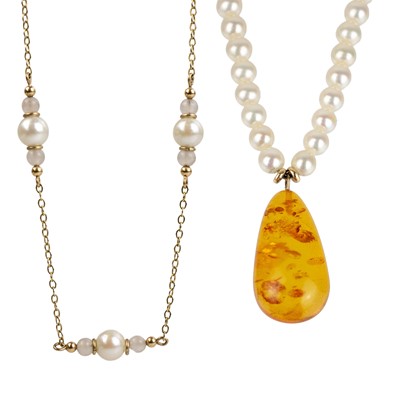 Lot 45 - Two cultured pearl necklaces, one with an amber drop.