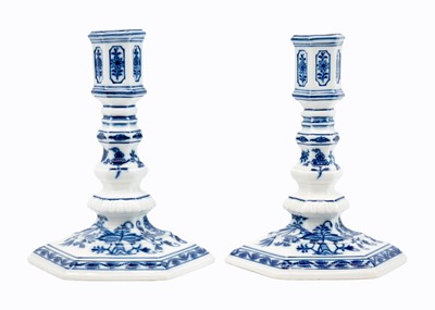 Lot 459 - A pair of Meissen porcelain blue and white candlesticks.