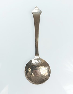 Lot 50 - An Arts & Crafts silver spoon set with a Blue John cabochon by Sandheim Brothers.
