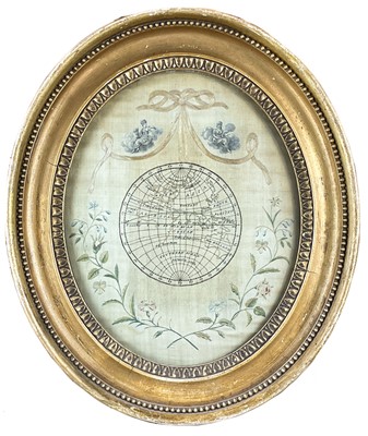 Lot 318 - A George III oval silk needlework map of the world.