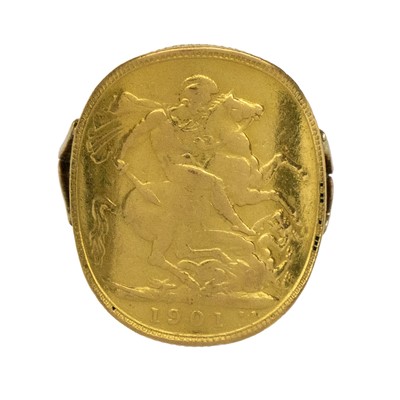 Lot 197 - A 1901 full sovereign gold coin ring with a lower-grade gold band.