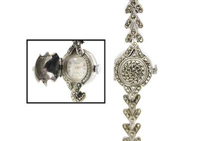 Lot 236 - A lady's stainless steel and marcasite set cocktail bracelet wristwatch by Malvita.