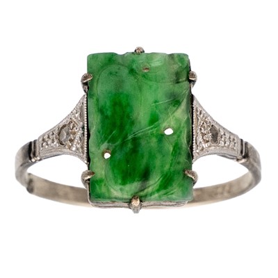 Lot 154 - A 9ct white gold and platinum jadeite panel ring.