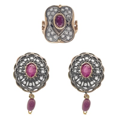 Lot 76 - A Victorian style 14ct and silver diamond and ruby set earring and ring matched suite.