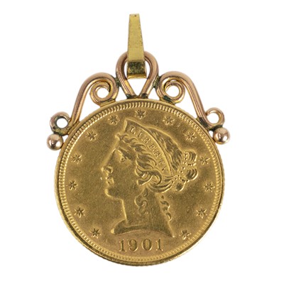 Lot 191 - A 1901 American 5 dollar coin, 9ct mounted pendant.