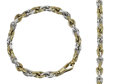 Lot 377 - A contemporary 9ct white and yellow gold bracelet.