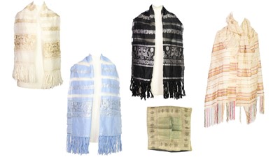 Lot 4 - Three Indian sari scarves, a satin woven cushion cover and one satin scarf.