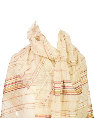 Lot 4 - Three Indian sari scarves, a satin woven cushion cover and one satin scarf.