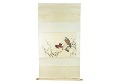 Lot 106 - A Chinese painted scroll depicting two birds on a cherry blossom branch, 20th century.