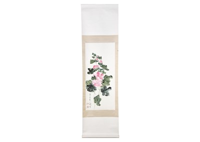 Lot 108 - A Chinese painted scroll depicting pink hibiscus flowers, by Chaw-i-Chou, (1920)