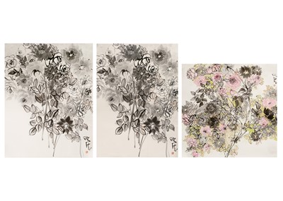 Lot 117 - Three Chinese paintings depicting roses, 20th century.