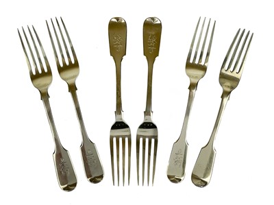 Lot 32 - A Victorian silver set of five table forks by Elizabeth Eaton, and one other.