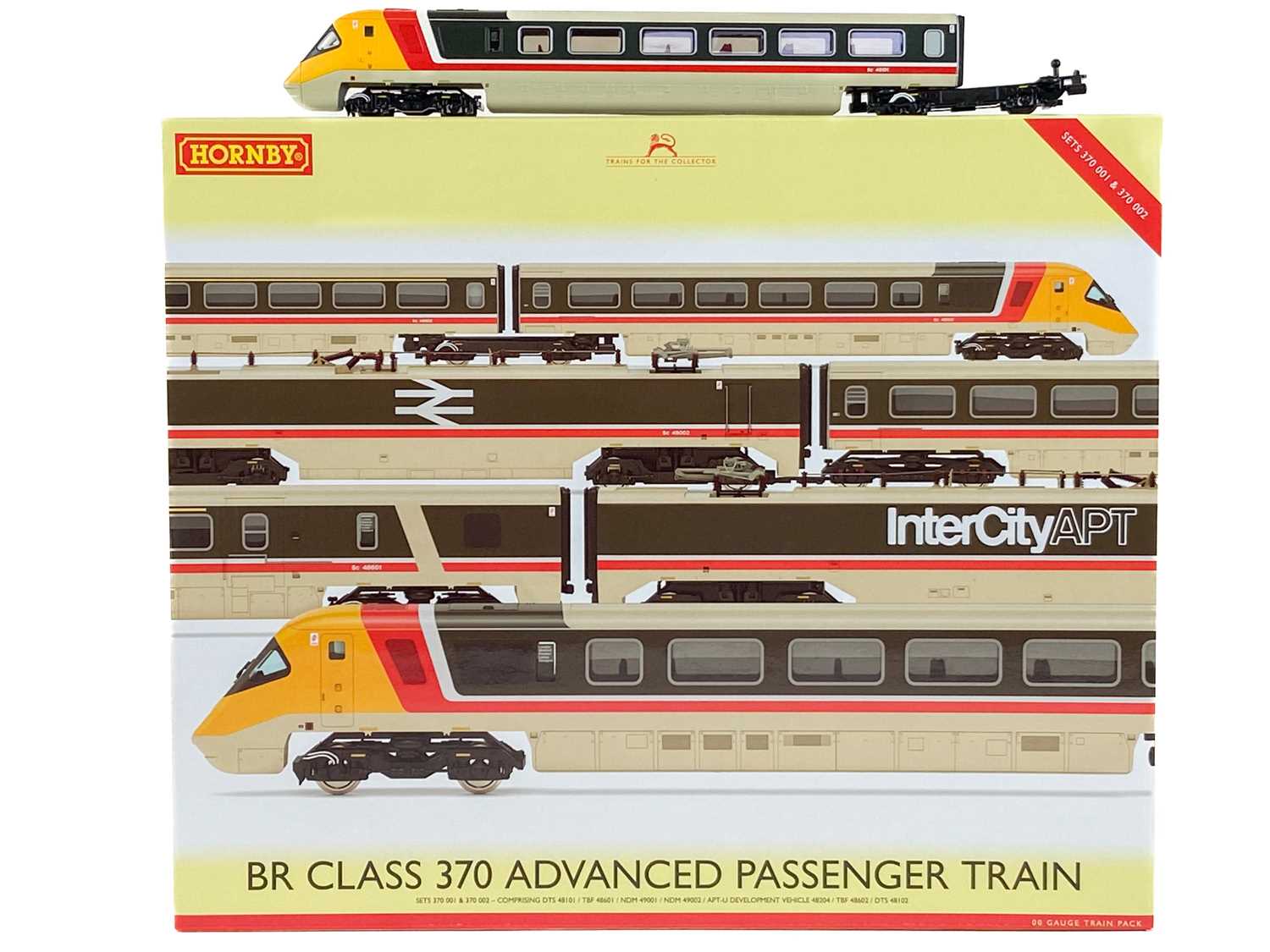 Lot 522 - Hornby "OO" BR class 370 APT Power car pair plus 6 compatible carriages (total 8 vehicles)