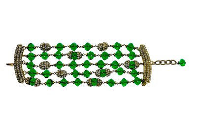 Lot 39 - A Chanel 24ct gold-plated green Gripoix beaded five-strand bracelet, circa 1990-91.