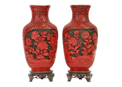 Lot 119 - A pair of Chinese cinnabar lacquer vases, early-mid 20th century.