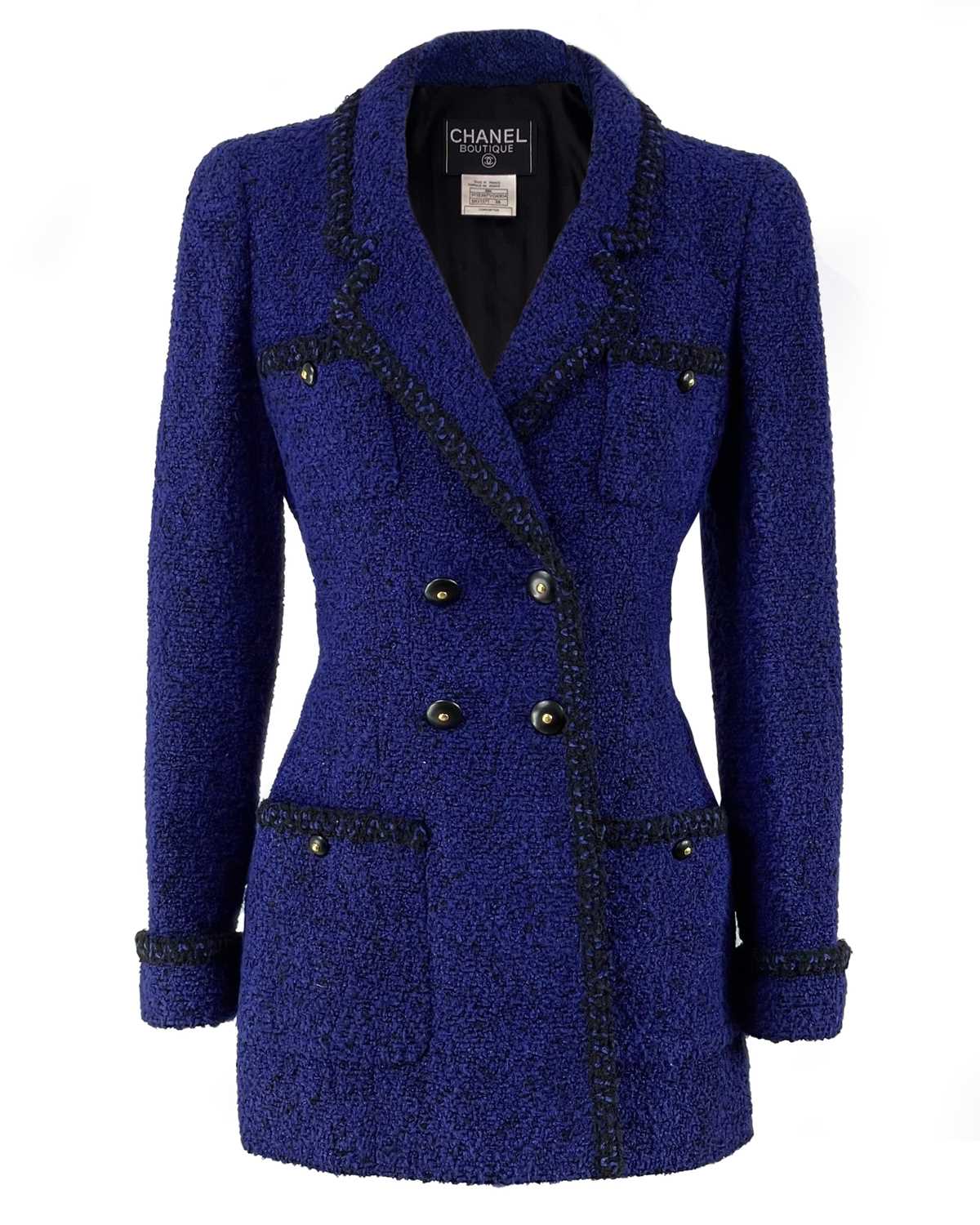 Lot 59 - A Chanel 'Kate Middleton' black trimmed double-breasted blazer in cobalt blue, circa 1995.