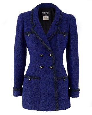 Lot 553 - A Chanel 'Kate Middleton' black trimmed double-breasted blazer in cobalt blue, circa 1995.