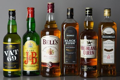Lot 70 - Bell's Scotch Whisky 1L, Bushmills Irish, 1L, Black Bush Irish, IL, and three other 70cl bottles.