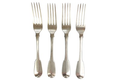 Lot 45 - A George III silver set of four fiddle pattern table forks by William Eley & William Fearn.