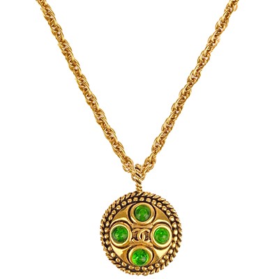 Lot 47 - A Chanel 24ct gold-plated green Gripoix set pendant necklace, early 1980's.