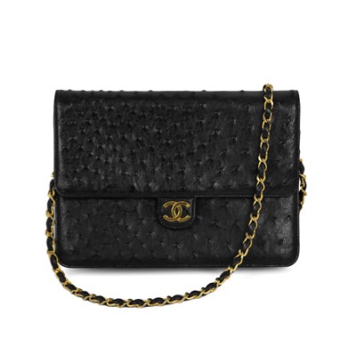 Lot 550 - A Chanel black ostrich leather single flap wallet shoulder bag.